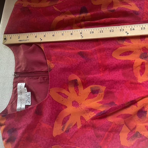 Vintage 90s Maggie London Silk Dress Women 10 Red Orange Floral Bloomcore Sheath - Picture 9 of 10